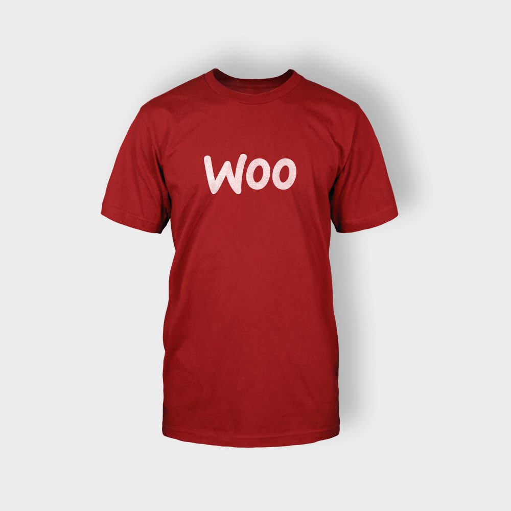 A red t-shirt with the word woo written in white.