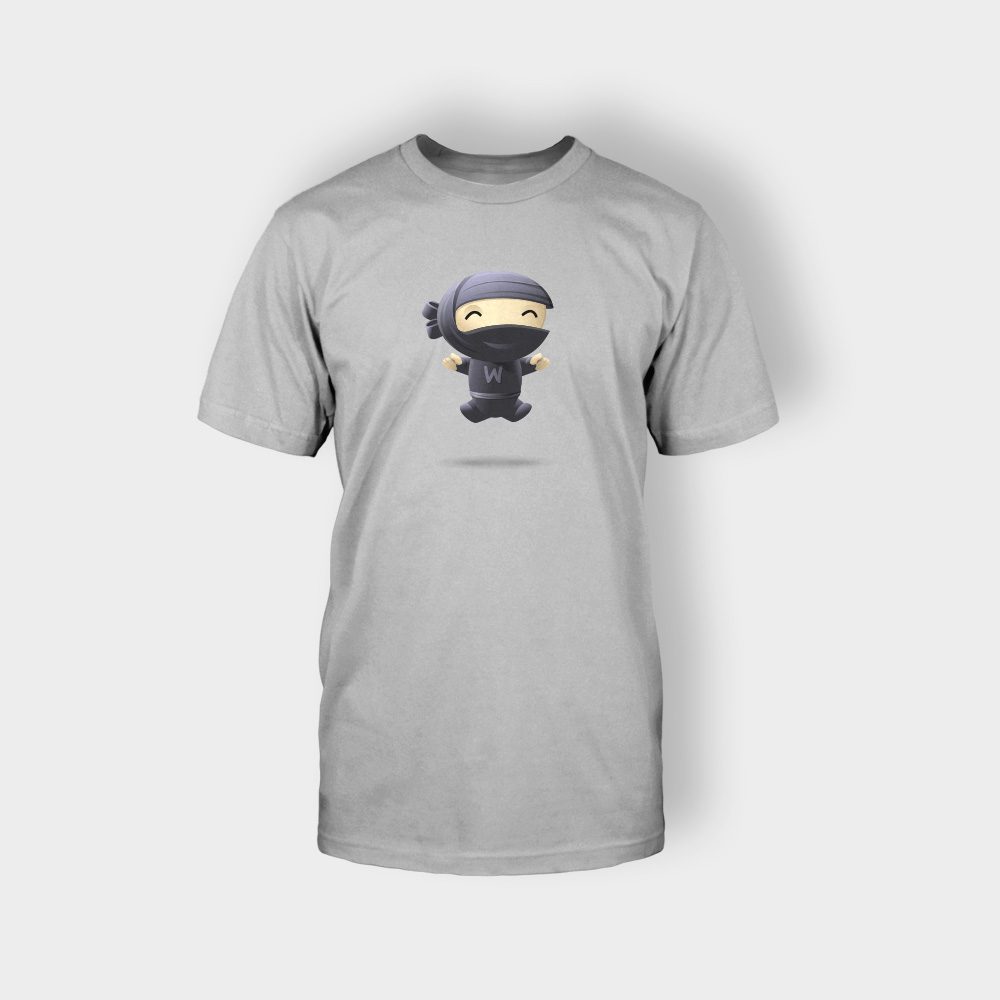 A gray t-shirt with a picture of a person wearing a mask.