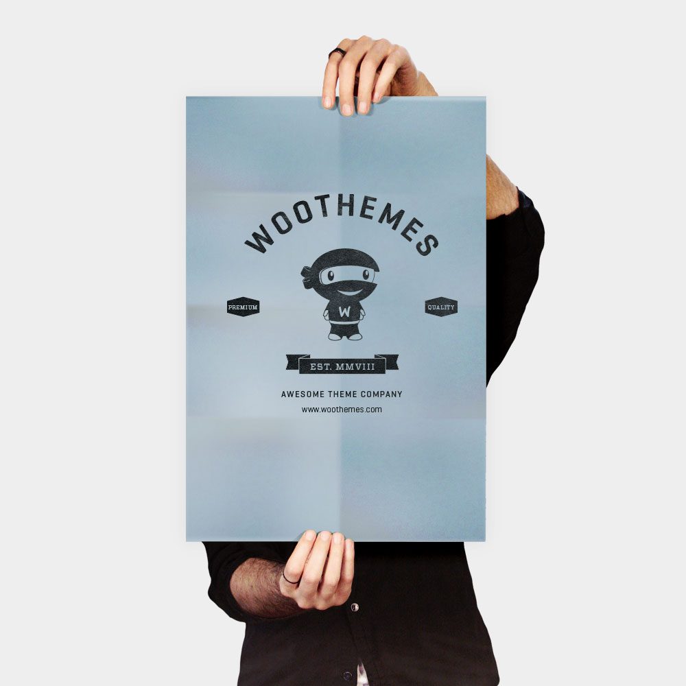 A person holding up a poster with the word " woothemes ".